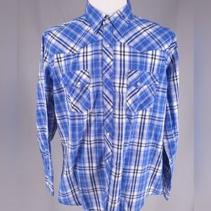 Wrangler Wrancher Western Blue Plaid Shirt Size Men's Xl Pearl Snap Long Sleeve
